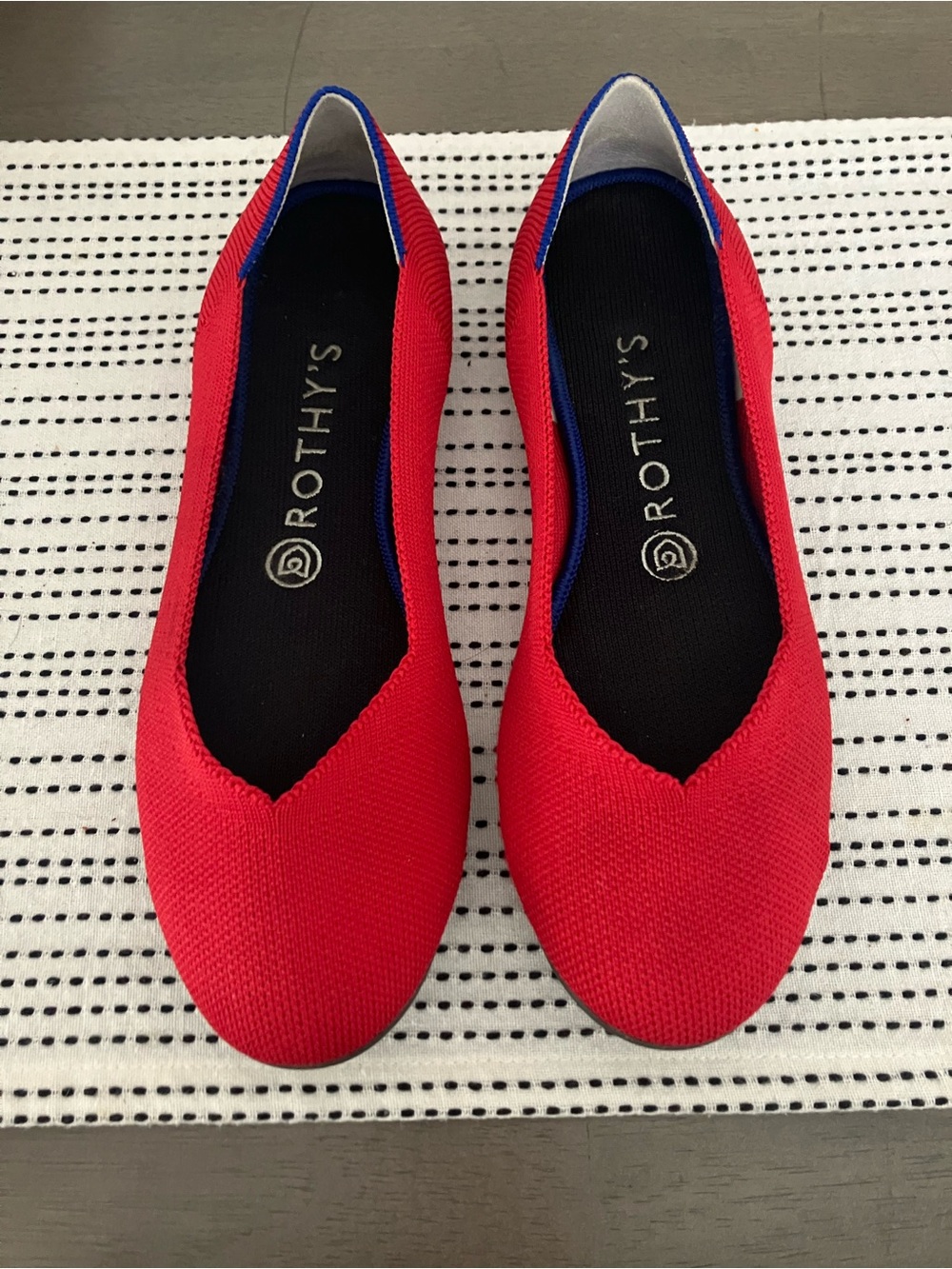 Rothy's Red Knit Flats with Blue Trim